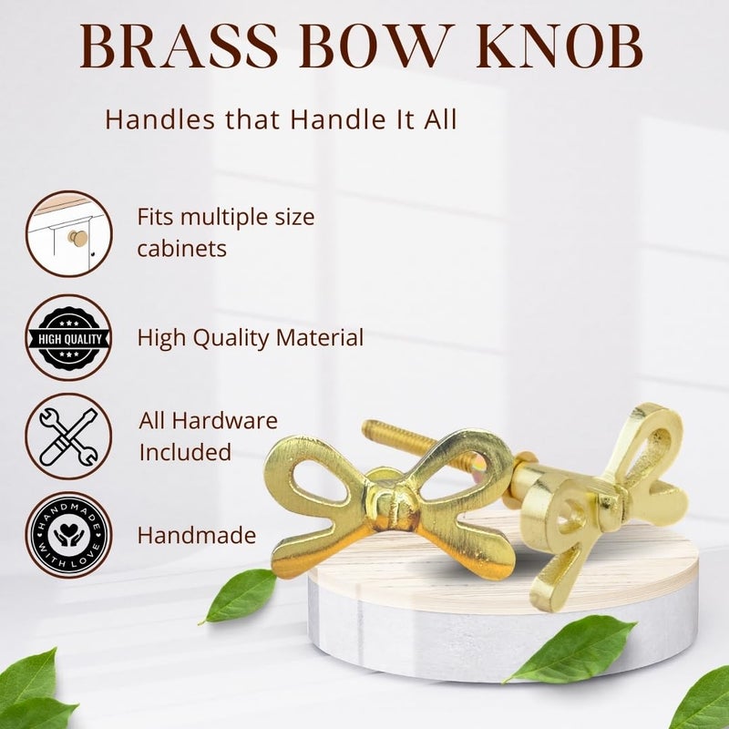 Perilla Home Set of 6 Brass Bow Knobs for Cabinet & Drawers Decorative Bow Knobs for Home Kitchen Cabinet Hardware Cupboard Metal knobs Door Dresser Wardrobe and Drawer Pulls - Image 3